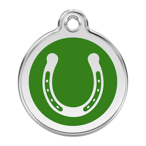 Horseshoe Identity Medal green cat and dog, color engraved tag, iron horse