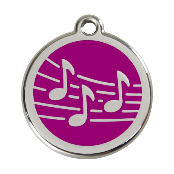 Music Notes Identity Medal purple cat and dog, engraved iron tag, musical notations musician