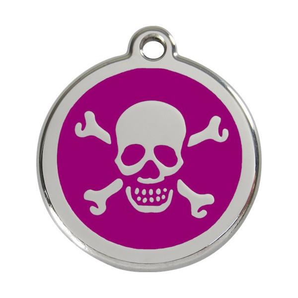 Pirate Flag Identity Medal purple cat and dog, engraved iron tag