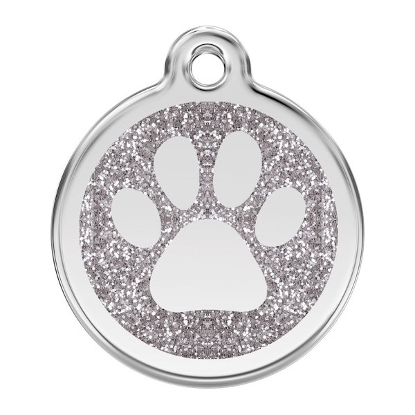 Paw Iron Identity Medal Silver Glitter. Cat dog engraved tag