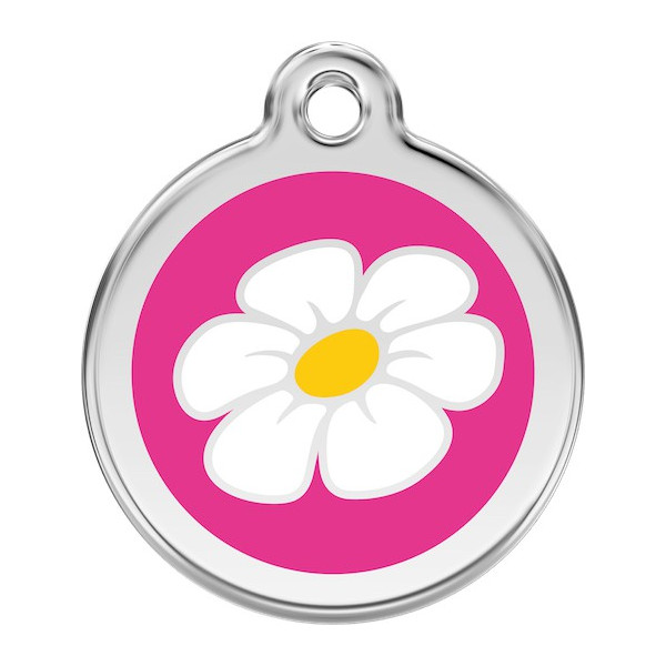 Daisy Flower Identity Medal fuschia pink cat and dog, engraved iron tag