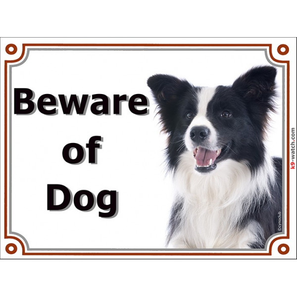 Portal Sign, 2 Sizes Beware of Dog, Border Collie black and white long hairs head plate door panel