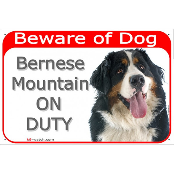 Portal Sign red 24 cm Beware of Dog, Bernese Mountain Dog on duty, Gate plate Berner Sennenhund