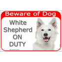 Portal Sign red 24 cm Beware of Dog, White Shepherd on duty