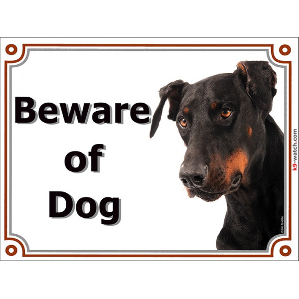 Dobermann head, portal Sign "Beware of Dog" gate plate door photo