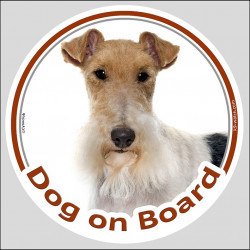 Car Circle sticker "Dog on board" Wire Fox Terrier, decal label photo notice