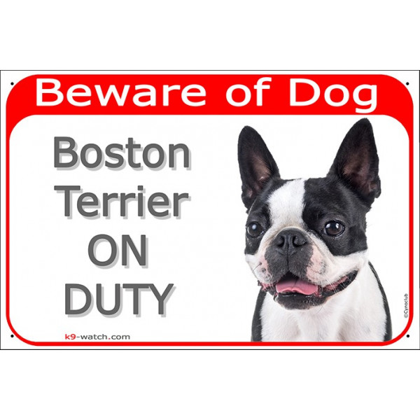 Portal Sign red 24 cm Beware of Dog, Boston Terrier on duty, Gate plate