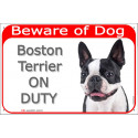 Portal Sign red 24 cm Beware of Dog, Boston Terrier on duty