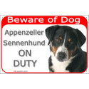 Portal Sign red 24 cm Beware of Dog, Appenzeller Sennenhund on duty