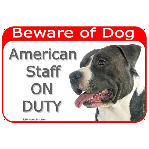 Portal Sign red "Beware of Dog, Black and White Amstaff on duty" Gate plate American Staffordshire Terrier photo