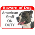 Red Portal Sign "Beware of Dog, Amstaff on duty" 24 cm