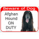 Portal Sign red 24 cm Beware of Dog, Black and Tan Afghan Hound on duty