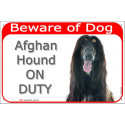Portal Sign red 24 cm Beware of Dog, Black and Tan Afghan Hound on duty