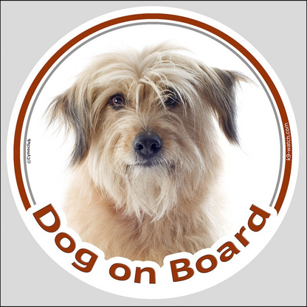 Circle sticker "Dog on board" 15 cm, Fawn Pyrenean Shepherd Head, decal label adhesive sheepdog, berger des pyrenees
