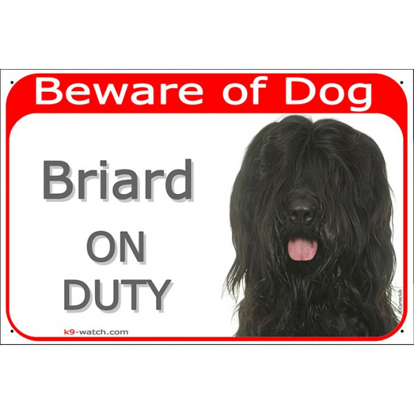 Portal Sign red 24 cm Beware of Dog, Black Briard on duty, Gate Plate Berger de Brie, photo notice placard