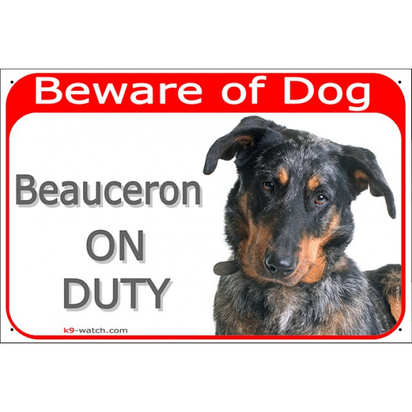 Portal Sign red 24 cm Beware of Dog, Merle Beauceron on duty, Gate plate French Beauce Shepherd Arlequin