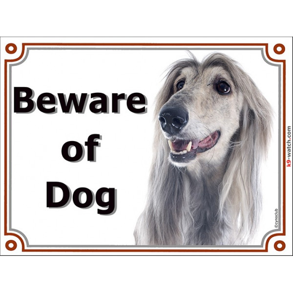 Portal Sign, 2 Sizes Beware of Dog, Silver Blue Afghan Hound head, Gate plate grey greyhound