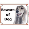 Portal Sign, 2 Sizes Beware of Dog, Silver Blue Afghan Hound head, Gate plate grey greyhound