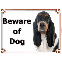 Portal Sign, 2 Sizes Beware of Dog, Tricolor Basset Hound head, Gate plate Hund