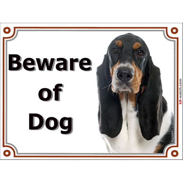 Portal Sign, 2 Sizes Beware of Dog, Tricolor Basset Hound head, Gate plate Hund