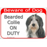 Portal Sign red 24 cm Beware of Dog, Black and White Bearded Collie on duty