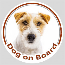 Brown Jack Russell Terrier Head, car circle sticker "Dog on board" decal adhesive label brown and white photo notice