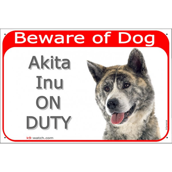 Red Portal Sign red "Beware of Dog, Brindle Japanese Akita Inu on duty" Gate plate photo notice, Door plaque