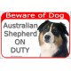 Portal Sign red 24 cm Beware of Dog, Black Tricolour Australian Shepherd on duty, Gate plate, Portal placard Aussie 