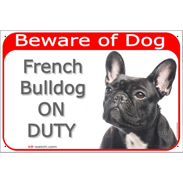 Portal Sign red 24 cm Beware of Dog, Brindle French Bulldog on duty, Gate plate, Portal placard panel black