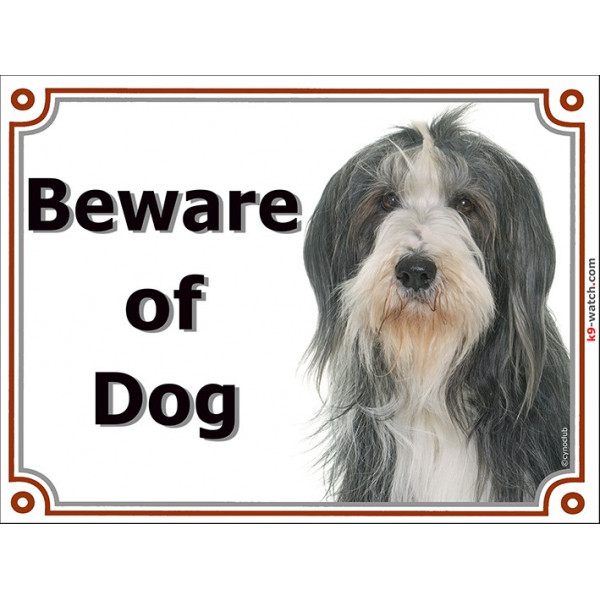 Portal Sign, 2 Sizes Beware of Dog, Black and White Bearded Collie head, Gate plate, portal placard panel collie sheepdog