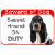 Portal Sign red 24 cm Beware of Dog, Tricolor Basset Hound on duty, Gate plate, portal placard panel Hund