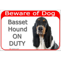 Portal Sign red 24 cm Beware of Dog, Tricolor Basset Hound on duty