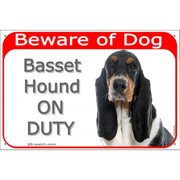 Portal Sign red 24 cm Beware of Dog, Tricolor Basset Hound on duty, Gate plate, portal placard panel Hund