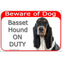 Portal Sign red 24 cm Beware of Dog, Tricolor Basset Hound on duty