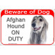 Portal Sign red 24 cm Beware of Dog, Silver Grey Afghan Hound on duty