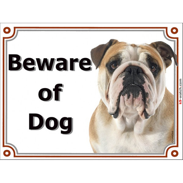 Fawn & White English Bulldog, portal Sign "Beware of Dog" Door Plate red British, portal placard photo notice