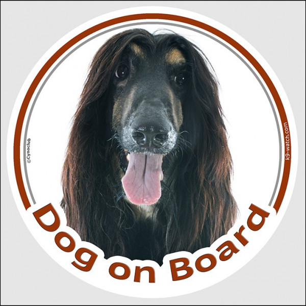 Circle sticker "Dog on board" 15 cm, Black and Tan Afghan Hound Head, decal label adhesive car