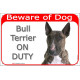 Portal Sign red 24 cm Beware of Dog, Brindle Bull Terrier on duty, portal placard, door plate EBT panel