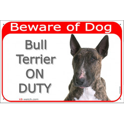 Portal Sign red 24 cm Beware of Dog, Brindle Bull Terrier on duty, portal placard, door plate EBT panel