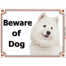 Portal Sign, 2 Sizes Beware of Dog, Samoyed head, placard portal door plate panel Bjelkier, Samoiedskaya Sobaka, Nenetskaya Laik