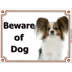 Portal Sign Beware of Dog, Continental Toy Spaniel Papillon head, door plate portal placard gate panel butterfly squirrel