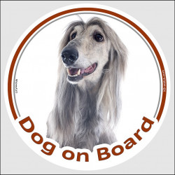Circle sticker "Dog on board" 15 cm, Silver Grey Afghan Hound Head, Decal adhesive label blue