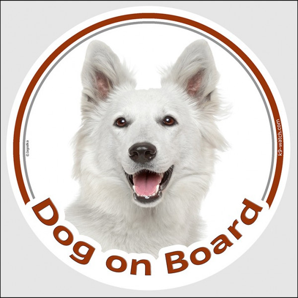 Circle sticker "Dog on board" 15 cm, American White Shepherd Head, decal adhesive car label Canadian WS