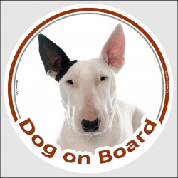 White, black ear English Bull Terrier, circle car sticker "Dog on board" 15 cm