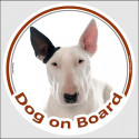 White, black ear English Bull Terrier, circle car sticker "Dog on board" 15 cm