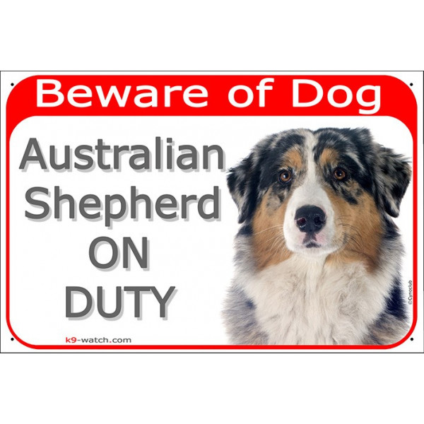 Portal Sign red 24 cm Beware of Dog, Merle Blue Australian Shepherd on duty, door plate, portal placard Aussie Gate panel