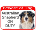 Portal Sign red 24 cm Beware of Dog, Merle Blue Australian Shepherd on duty