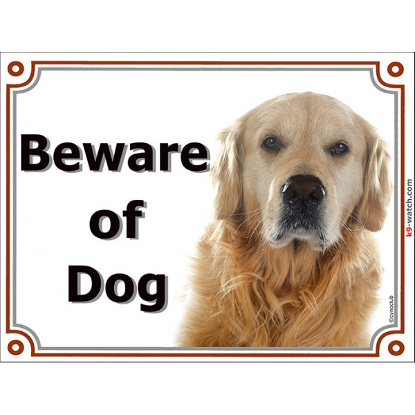 Golden Retriever head, Gate Sign Beware of Dog plaque placard panel