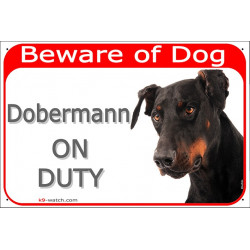 Red Portal Sign "Beware of Dog, Dobermann on duty" door panel, portal placard, Gate plate photo notice