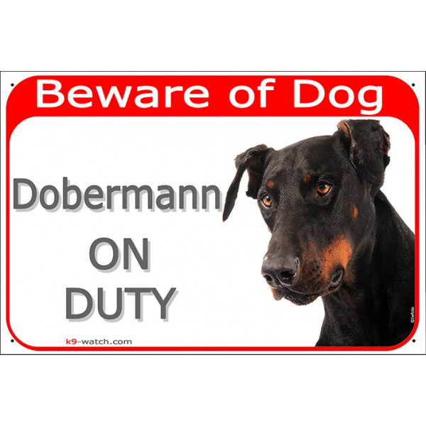 Red Portal Sign "Beware of Dog, Dobermann on duty" door panel, portal placard, Gate plate photo notice